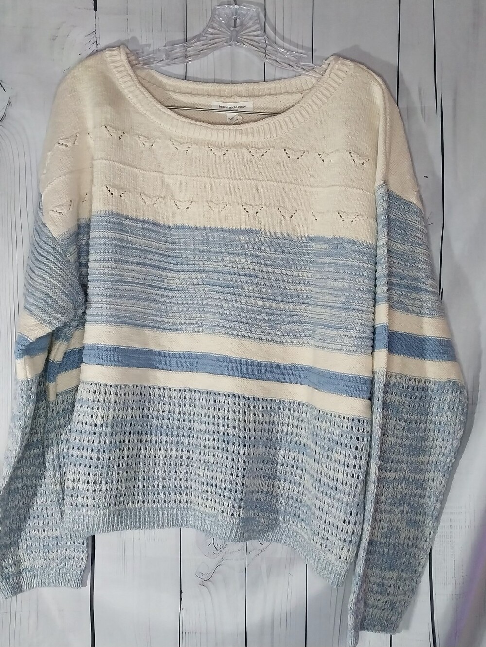 BeachLunchLounge Polla Stripe Mixed Stitch Boat Neck Cropped Boho Sweater NWT
